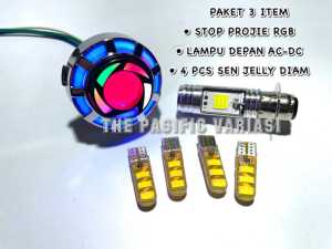 TERMURAH PAKET 1 SET Lampu Stop Rem Belakang Projie Mini Rainbow + Lampu Led Depan Motor H6 Bebek Matic AC DC + 4 Pcs Sein Jelly Diam - TPV