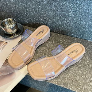 [Free Shipping] Summer New Collection: Fashionable WomenS Wedge Sandals With Transparent Double Straps Square Toe And Crystal PVC Non-Slip Beach Sandals