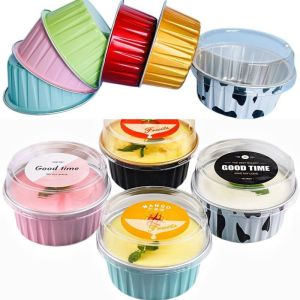 10PCS Dessert Packaging Aluminum Foil With Lid Cup Valentines Day Round Heart Rectangle Pastry Cups For Baking Take Out Packaging