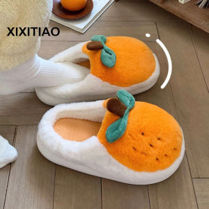 XIXITIAO Cartoon Cute Fluffy Orange Cotton Slippers Womens Winter Home Indoor Warm Soft Bottom Bedroom Slippers