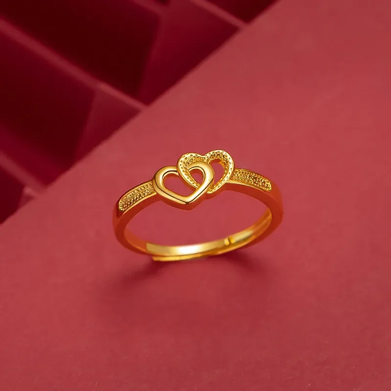 Ring Gold Original 916 Gold Ring for Women Double Heart Female