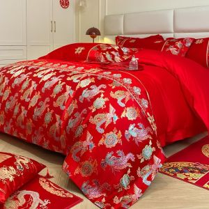Bedding four-piece set Class A wedding bed four-piece set dragon and phoenix big < unk > embroidered quilt cover bed sheet big red brocade jacquard wedding four-piece set (bed sheet * 1 quilt cover * 1 pillowcase * 2)