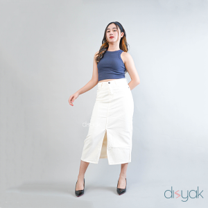 DISYAK - Rok Highwaist Midi Skirt Jeans Panjang Wanita Slit Depan Broken White 514-614-7014