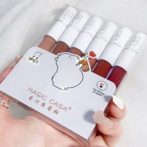 Love Heart Bear 6 In 1 Set Matte Lip Long-Lasting Color Glaze Protection Love Bear Lip Glaze Non Fading Lipstick Have Waterproof Moisturizing Lipstick Non-Stick Cup