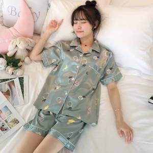 Ice Silk Pajamas for Women Summer Short Sleeve Two-Piece Set Imitation Silk Summer Student Korean Style Cute Loungewear Set