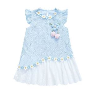 Elegant Girls’ Princess Floral Lace Dress – Light Blue/Pink (Ages 2–7)