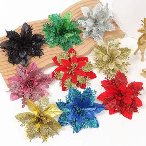 10pcs Glitter Christmas Flower Artificial Flowers Merry Christmas Decorations for Home Xmas Tree
