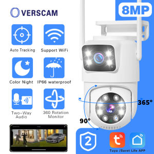 Tuya สมาร์ทไวไฟกล้องวงจรปิด8MP 4K เลนส์คู่กล้องเครื่องบันทึกภาพกล้องวงจรปิดไร้สายสำหรับการเฝ้าระวัง PTZ 360 ° บ้าน