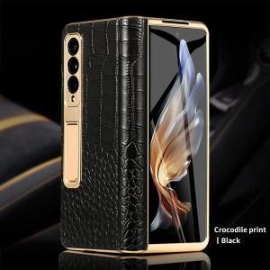 Leather Phone Case for Samsung Galaxy Z Fold 7 6 5 4 3 Fold6 Fold7 Gold Plating Magnetic Hinge Stand Back Cover with Mirror Film