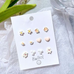 【Local Delivery】6Pairs/Pack S925 Silver Needles Mini Stud Earrings Ceramics Peach Flowers Bowties Cute Daily Outfit for Teen Girls Fashion Jewelry Accessories