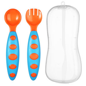 Soft Silicone Utensils Baby Feeding Training Spoon & Fork with Case No BPA