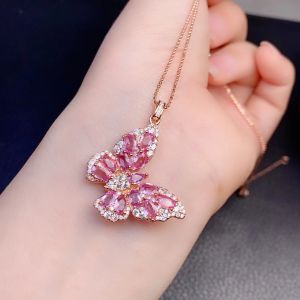 S925 Sterling Silver Natural Pink Sapphire Pendant3*5mm GemstoneWith Silver Chain Jewelry Gift for Women