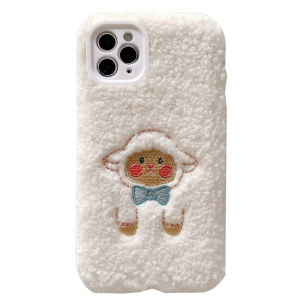Plush Warm Case for 14 13 12 Pro Max Case Furry Fluffy Embroidery cute sheep cover for 6 7 8 Plus X XSMAX XR coque
