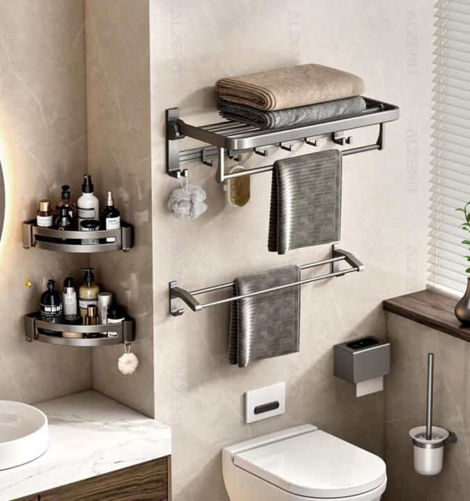 Non-drilling Foldable Towel Rack Gun Gray Basket Wall Mount Shelf