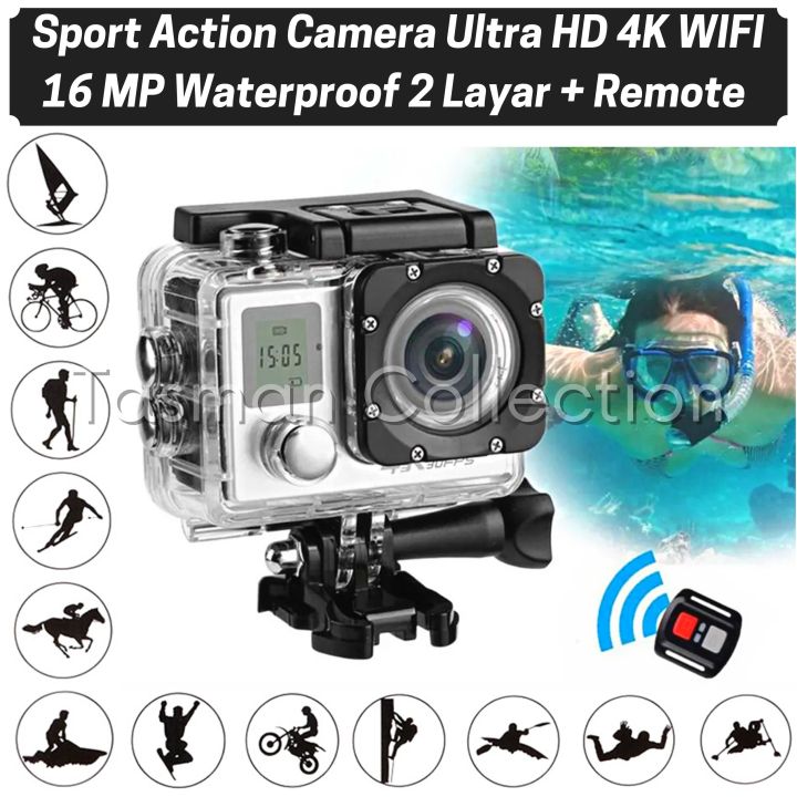 Action Camera Ultra HD Sportcam 4K Ultra HD 30fps WIFI LCD Double Layar  Sport cam Layar Remote Baterai Tanam Tahan Lama Sport cam dengan