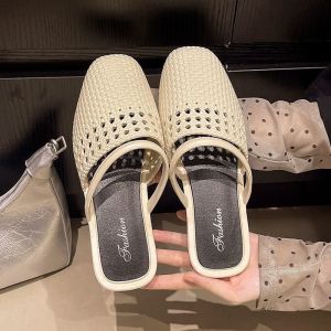 Free Shipping Summer New Style Woven Hollow-Out Mules Fashionable And Versatile Breathable Open-Toe Sandals For Women Casual Outdoor Slippers