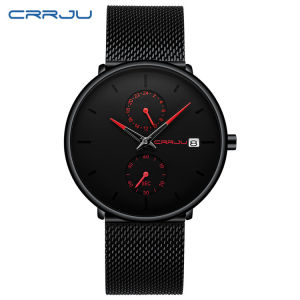 Jam Tangan Pria CRRJU Casual Quartz Analog Mewah Anti Air + Strap Mesh Stainless Steel Jam Tangan Cowok
