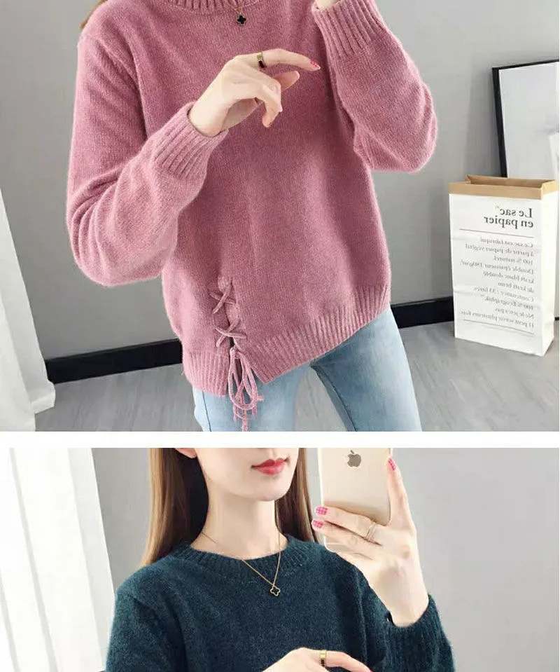 Korean Style Autumn Sweater Lace Up Knitted Sweaters Women Bottoming Shirt  O-neck Sweaters
