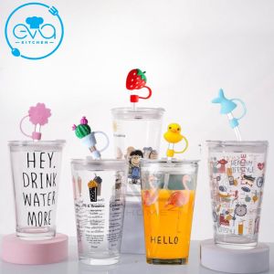 Ly Cốc Thuỷ Tinh Chia Vạch Hoạt Hình 450 Ml Kèm Ống Hút Nắp Silicone 3D Hoạt Hình Ngỗ Nghĩnh SP4728