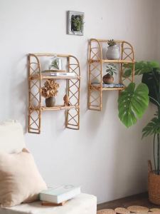 FFBH Rattan Wall Shelf Natural Boho Wicker Shelf Wall Mail OrganizerFloating Rattan Bookshelf Nordic Ins Log Style 9N5Q1