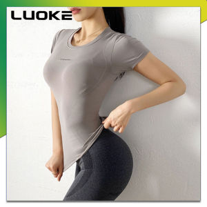 Luoke Yoga Short Sleeve Tshirt Womens Running Sports Sweat Absorbing Ventilating and Slim Outdoor Fitness Suit