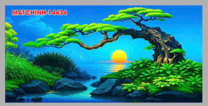 Tranh Bể Cá 3D Dán Hồ Cá Mẫu Cây Xanh Trăng Vàng Tặng Tem Cảnh Báo