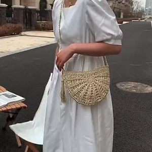 Yogodlns Women Half Round Straw Crossbody Bags Summer Beach Handmade Tassel Shoulder Bag