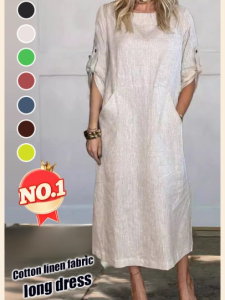 Women's Long Dresses: Solid Color Cotton Linen & Casual Side Pocket Round Neck