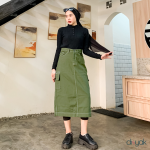 DISYAK - Rok Cargo Highwaist Midi Skirt Jeans Non Strecth Army 313-413
