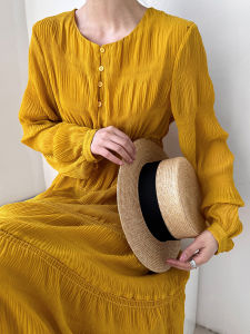 Alisa.Sonya Womens New French Pressed Pleated Dress Korean Waist Wrapped Chiffon Long Sleeve Fairy Dress