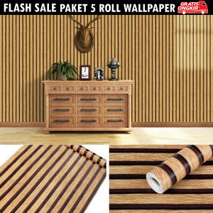 Paket 5 Roll Wallpaper Sticker Dinding Motif Kayu Salur Coklat Tua PVC Sudah Ada Lem Perekat Ukuran 45cm x 4m