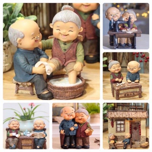 Tượng Ông Bà hạnh phúc - bưng trà đọc sách, Trang trí bàn làm việc, Đồ ...