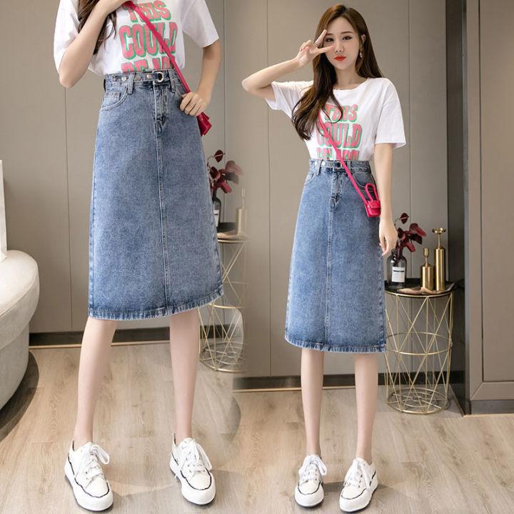 Female Summer New High Waist Slim Split A-line Denim Skirt Korean Denim ...