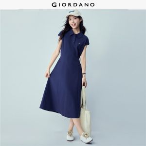 Giordano Women Embroidery tie waist cap sleeve polo dress Free Shipping 18466005
