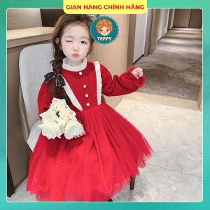 Đầm váy nhung đỏ có nhũ ren xoè bé gái (HÀNG QC)