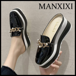 MANXIXI Fashion Women 2.75 Inches Wedge Heels Beautiful Pearls Gold Chain Mules Sandals (Size 35-42)