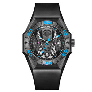 (OFFICIAL 3 Yrs WARRANTY) Reef Tiger/RT Limited Watch Men Automatic Mechanical All Black Blue Skeleton Waterproof Leather Strap Relogio Masculino RGA6912