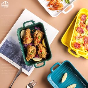 Vision Ceramic Baking Tray Pan Nordic Style Dinner Plate Large Size Baking Dish With Handle Bakeware Baking Bowl Non-Stick Oven Safe Casserole Plate