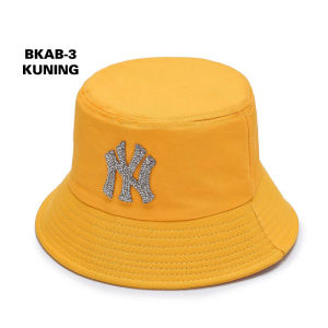 Bucket Hat Wanita Pria Korea Aksen Logo NY Kristal Bordir Fashion Hip Hop Trendy Kekinian Viral BKAB