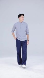 Mannered by HUILISHI 8 Colors Long Sleeve Chinese Collar Polo for Men Plain Shirts Cotton Linen
