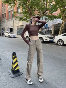 High waist multi-bag working pants 2025 new loose wide leg retro casual pants
