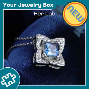 Her Lab Jewelry | S925 sterling silver sapphire womens necklace square diamond 1 carat moissanite four-leaf square clavicle chain genuine GTA certified blue diamond pendant Valentines Day wedding gift
