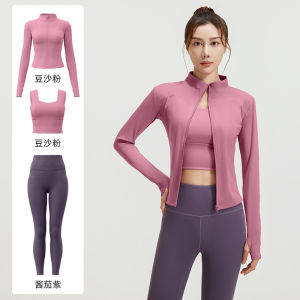 AE Spring and Autumn Sports Three-Piece Set: High-Elasticity Cardigan Jacket with Fixed Chest Pads Wide-Shoulder Bra and Peach-Shaped Slim-Fit Yoga Pants