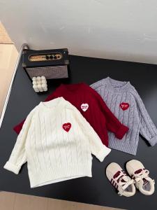 Boys Sweater for Autumn and Winter Stylish Embroidered Heart Pattern Thickened Knit Top for Babies Red Baby Shirt