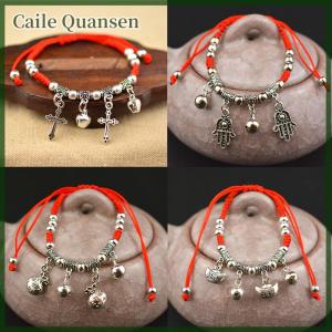 Caile กำไลข้อเท้าสีเงินแบบย้อนยุคแนวชนเผ่าสีเงินแบบเรียบง่ายประดับด้วยลูกปัดเชือกสีแดงประดับข้อเท้าสำหรับเด็กผู้หญิง