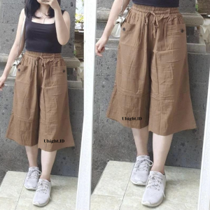Celana Kulot Alena 7/8 Kekinian Bahan Linen Crinkle Celana Pendek Nyaman full karet Standar Shorts Celana Santai 2025