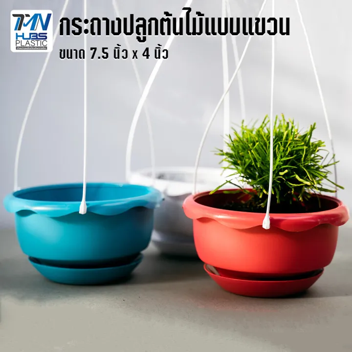 TMN_Hubs กระถางแขวนพลาสติก 7.5 นิ้ว พร้อมจานรอง 3 สี