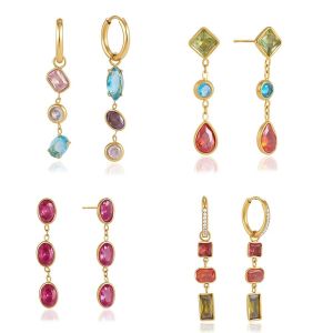 MAYIT Tua rua dài Bông tai zircon Nhiều màu sắc Đầy màu sắc Bông tai hình học Thanh lịch Thép không gỉ Bông tai tua rua Phụ nữ