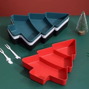 1pc Christmas Plate Plastic Tree-Shaped 3-Compartment Snack Fruit Seed Dish Kindergarten Food