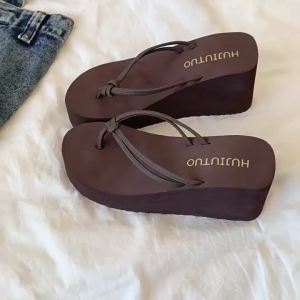 [Free Shipping] Double-Strap Wedge-Heeled Thick-Soled Flip-Flops For Women Summer Outdoor Wear Height-Increasing Beach-Friendly Non-Slip Odor-Resistant Sandals
